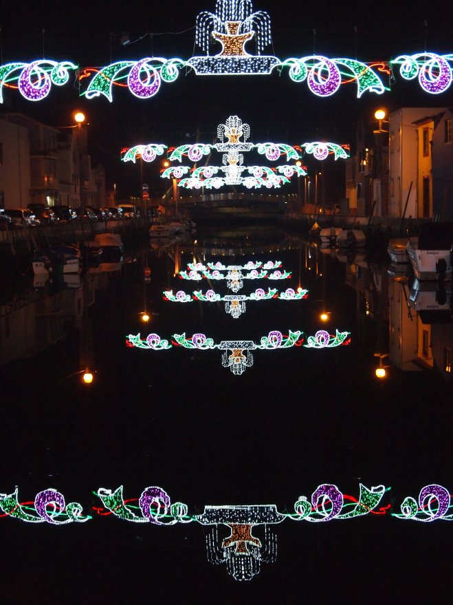 holiday lights over canal aveiro portugal